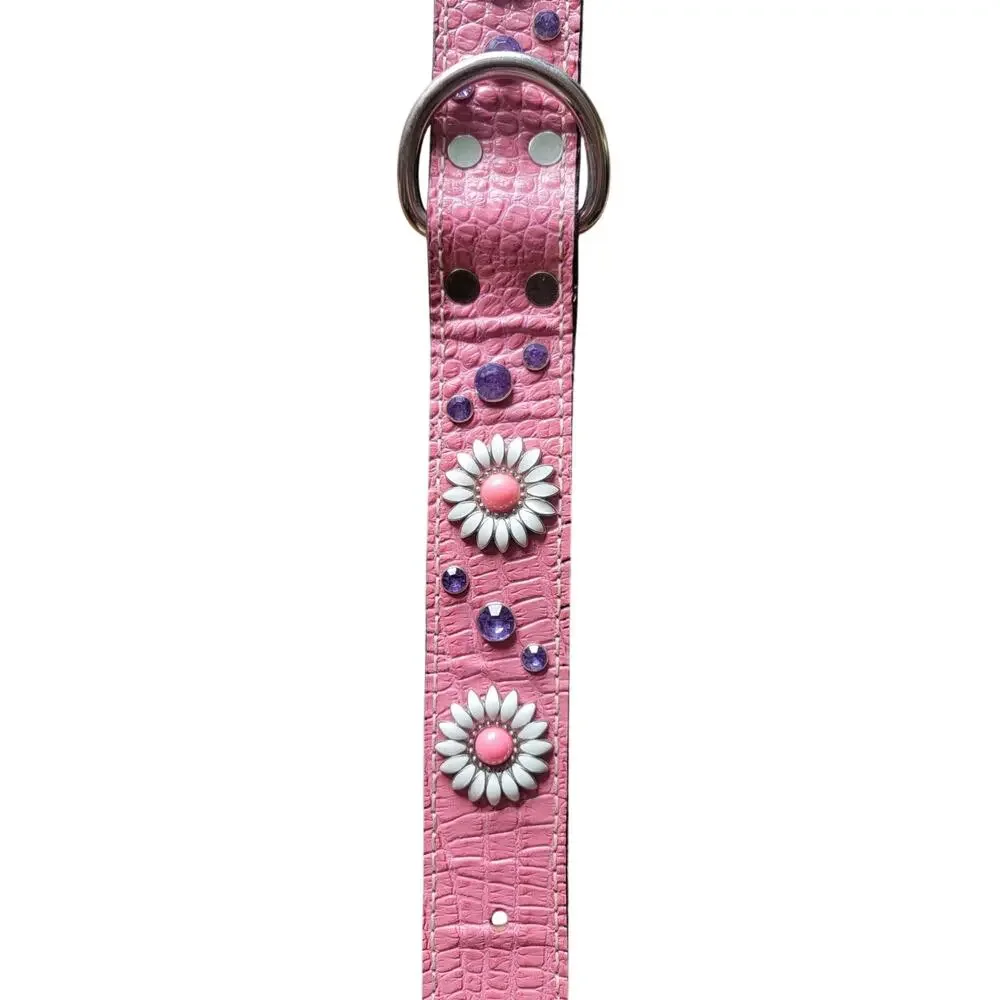 Custom Pink Rhinestone Leather Collar D Ring Choker Necklace